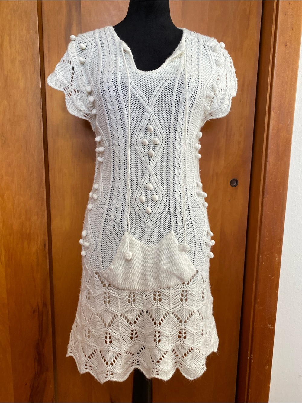 Cream Wool Blend Cable Knit Pom-Pom Midi Dress Scoop Neck Pocket Boho Cottage